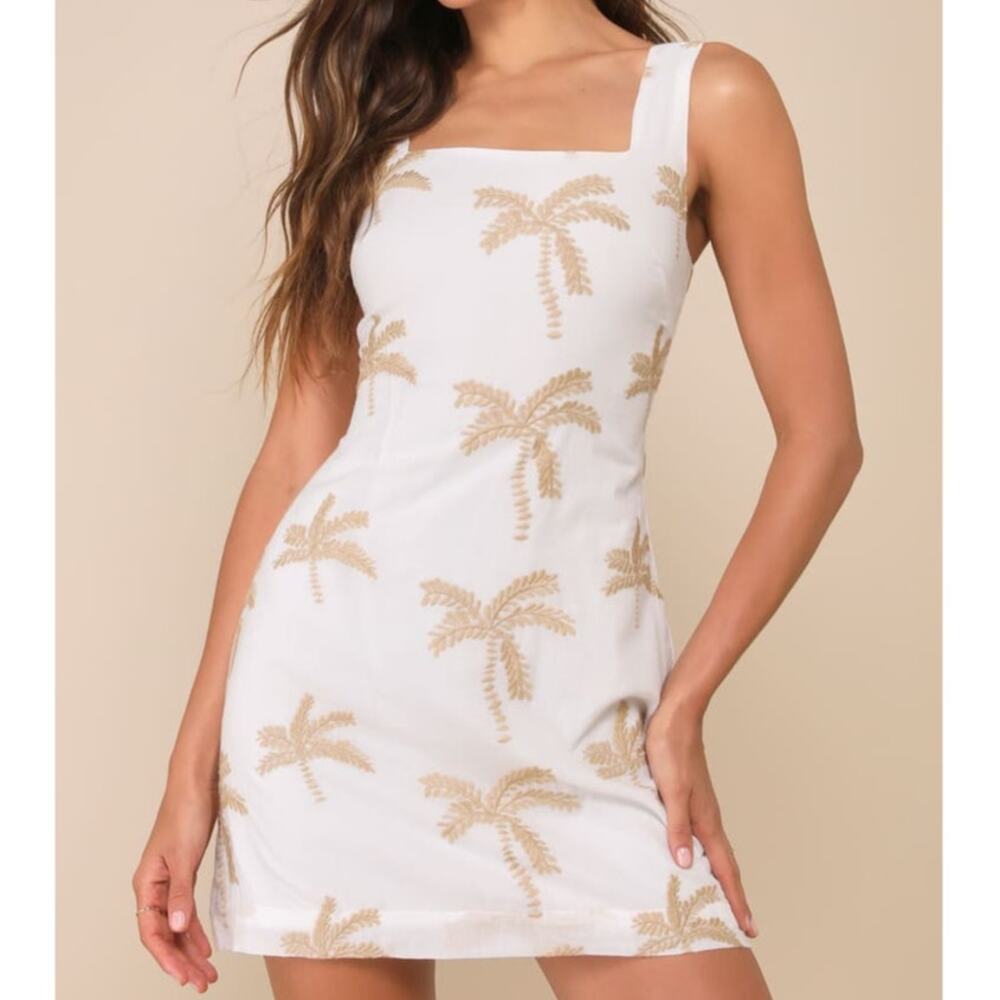 NEW Lulus Flawlessly Breezy Ivory Tan Palm Tree Embroidered Cotton Mini Dress XS